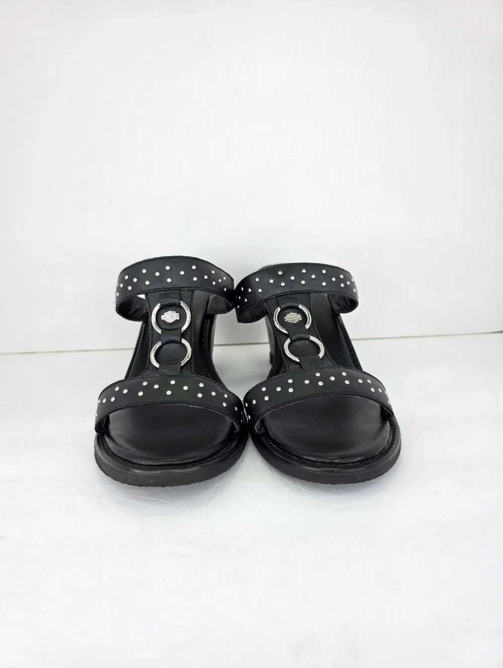 Harley Davidson Monica Women's Black‎ Double Strap Silver Wedge Sandals Size 10M